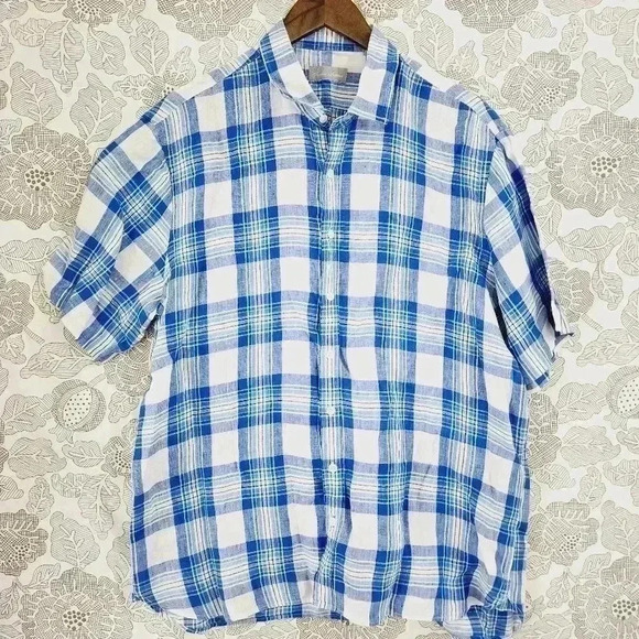 Toscana Firenze 100% Linen Button down Short sleeve Plaid Men's Shirt XL 7057 - Picture 1 of 8